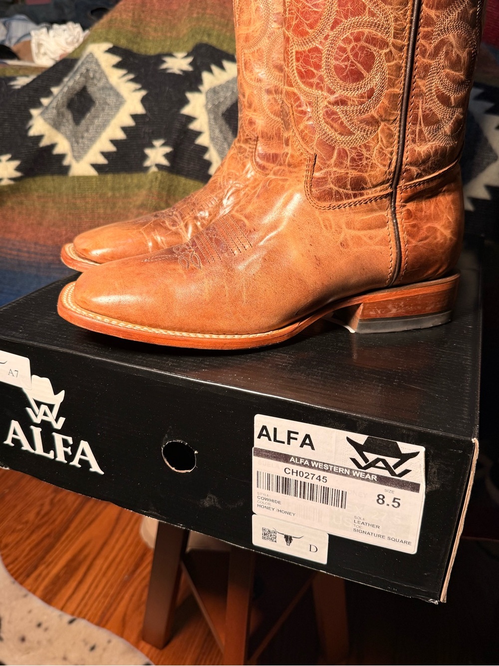 Alfa Western Wear Men’s Cowhide Honey/Cognac Cowboy Boots with tags and orig box